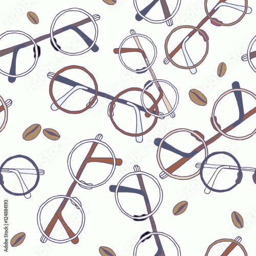 Vector pattern with coffee and glasses in hipster style.