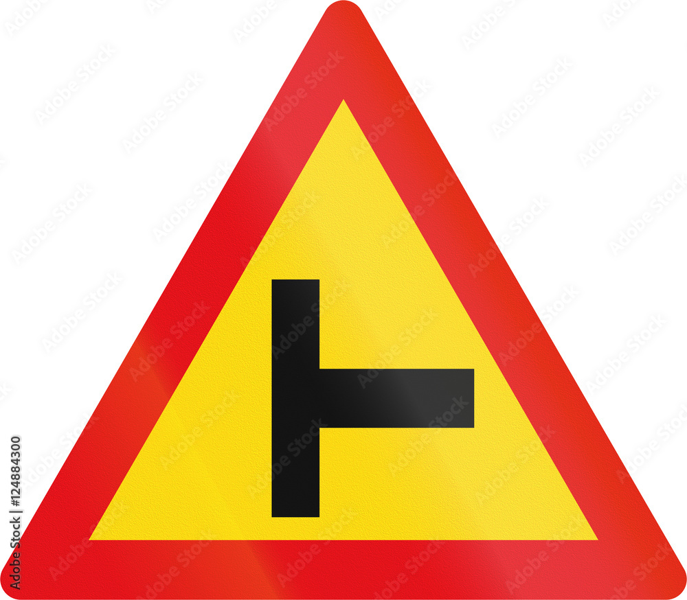 Temporary road sign used in the African country of Botswana - Side road junction from the right Temporary road sign used in the African country of Botswana - Side road junction from the right