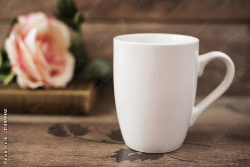 Mug Mockup. Coffee Cup Template. Coffee Mug Printing Design Template. White  Mug Mockup, Old Book and Flower, Wooden Background. Blank Mug. Mockup  Styled Stock Product Image Stock Photo | Adobe Stock