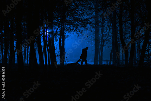 Murder in the park. Maniac drags his dead victim. Maniac kills his victim in the night deserted park. Silhouettes in night foggy forest