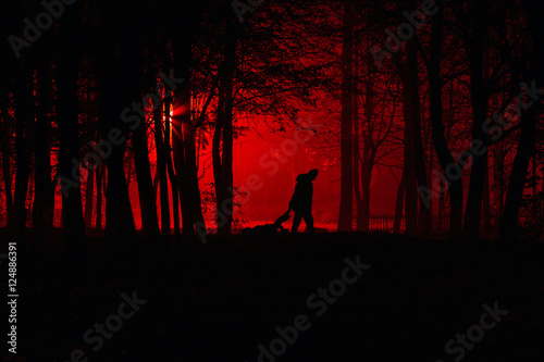 Murder in the park. Maniac drags his dead victim. Maniac kills his victim in the night deserted park. Silhouettes in night foggy forest