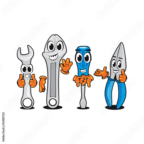 Set Auto Repair Cartoon Character Tools Plumber Mechanical Builder Worker Spanner Wrench Screw Pliers