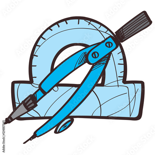 Protractors and compasses, drawing instruments colored icon with a black outline on a white background.
