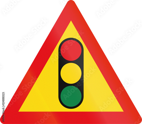 Temporary road sign used in the African country of Botswana - Traffic signals ahead photo