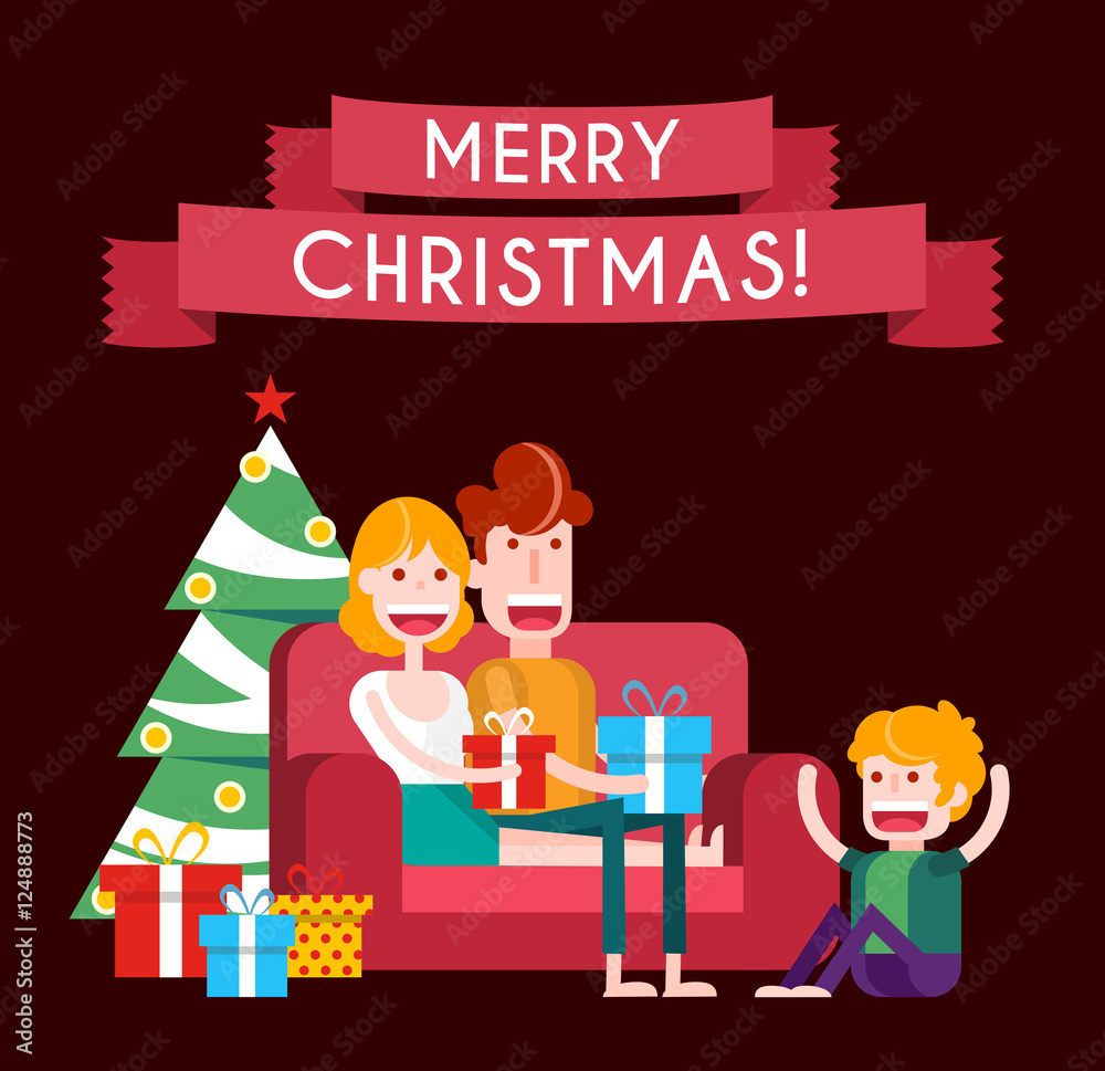 Fototapeta premium Family on a Sofa in Christmas. Isolated Flat Vector Illustration.