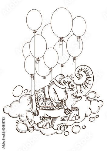 Pink elephant flying in balloons. Outline illustration for coloring.