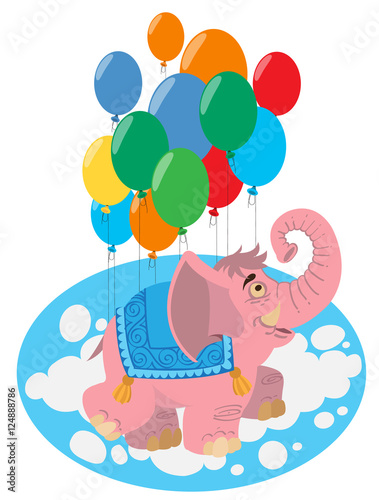 Pink elephant flying in balloons. Color illustration of fantastic animal elephant.