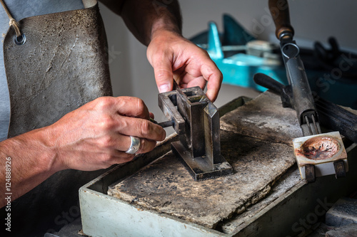 Close-up of Metal Mold and Crucible before melting Metal to liquid state; Goldsmith Workshop