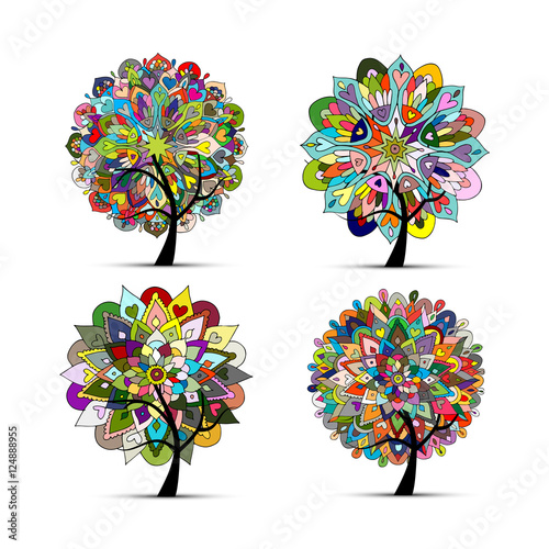 Mandala tree set, floral sketch for your design