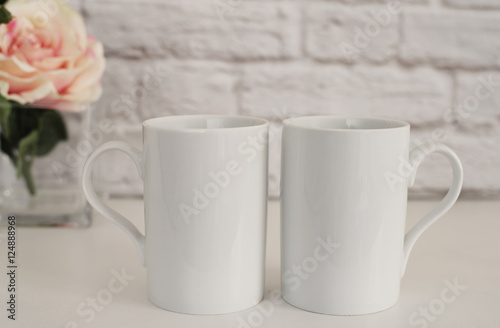 Two Mugs. White Mugs Mockup. Blank White Coffee Mug Mock up. Styled Photography. Coffee Cup Product Display.