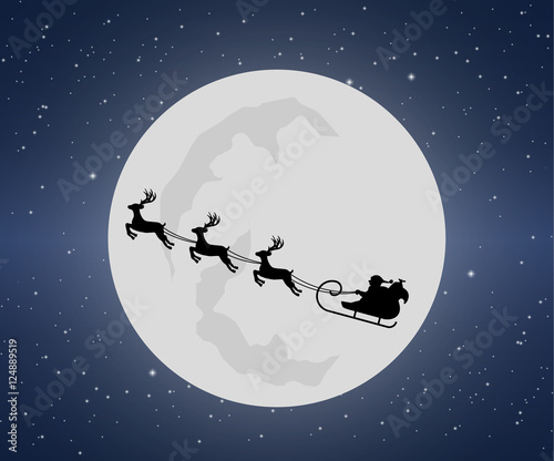 Santa's sleigh with reindeers on background of night sky with stars and moon