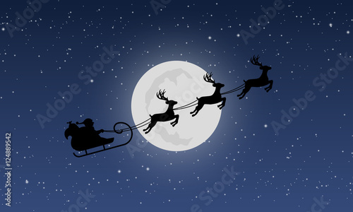 Santa's sleigh with reindeers on background of night sky with stars and moon