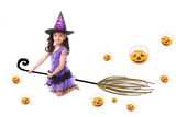 Little witch girl costume posing with graphic broomstick and pumpkin for halloween isolated on white background