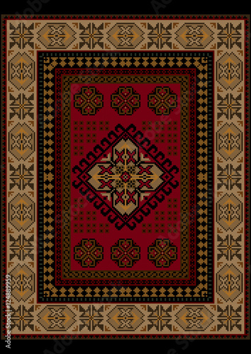 Ethnic luxury carpet with oriental vintage ornament in red and yellow colors