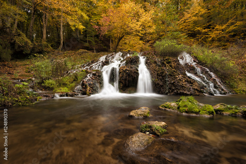 Dokuzak waterfall in Strandja mountain  Bulgaria during autumn. Beautiful view of a river with an waterfall in the forest. Autumn landscape