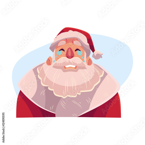 Santa Claus face , crying facial expression, cartoon vector illustrations isolated on blue background. Santa Claus emoji crying, shedding tears, sad, heart broken, in grief.