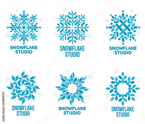 Set of blue and white snowflake vector logo templates isolated on white background. Geometrical abstract snowflake logo, frozen product, Christmas celebration, winter activities logo design