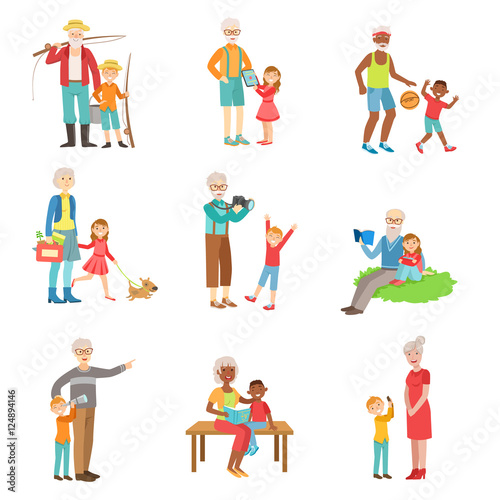 Grandparents And Kids Spending Time Together Set Of Illustrations