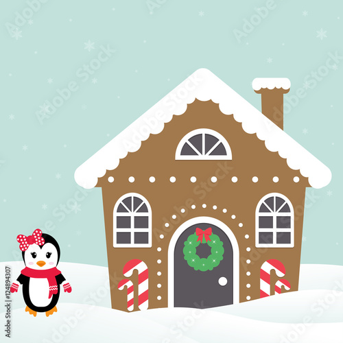 christmas house with winter penguin