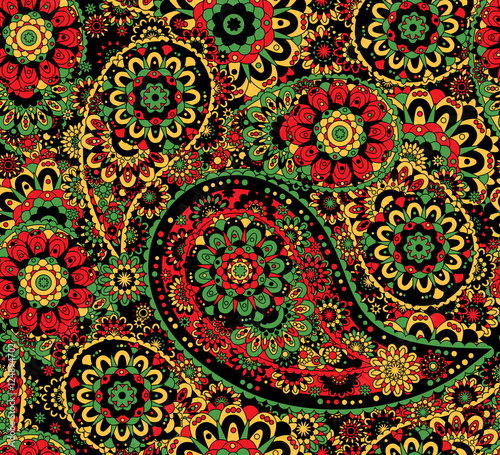Fototapeta Naklejka Na Ścianę i Meble -  Traditional oriental seamless paisley pattern. Seamless background. Decorative ornament backdrop for fabric, textile, wrapping paper, card, invitation, wallpaper, web design. Khokhloma style.