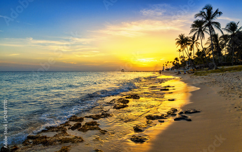 Caribbean sea beach sunset with palm trees.