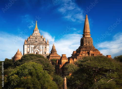 Amazing view of ancient architecture with Gawdawpalin Temple. Old Buddhist Pagodas at Bagan Kingdom  Myanmar  Burma . Travel landscapes and destinations