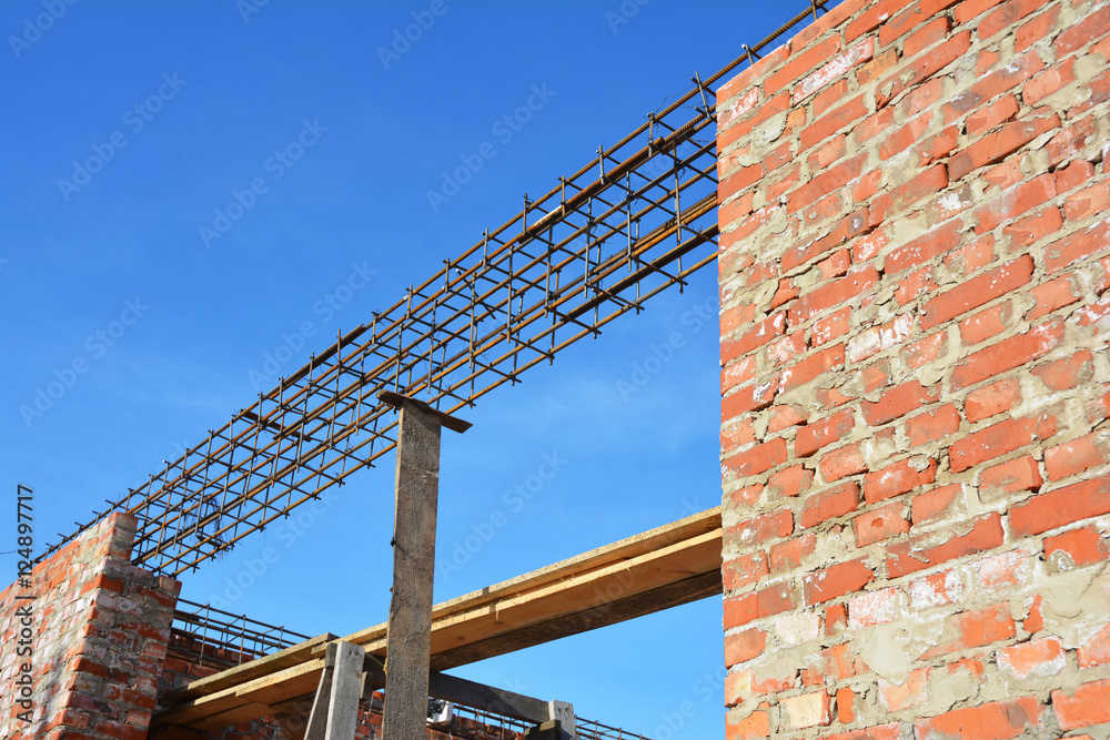 Lintel Construction. Rebar steel bars, reinforcement concrete bars with wire rod. Brickwork with