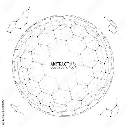 Physics and chemistry science concept with hexagonal grid vector spheres with fragments on white background