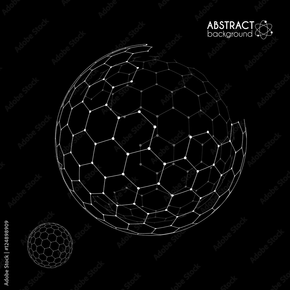 Vector hexagonal grid broken sphere planet model on black background Vector hexagonal grid broken sphere planet model on black background