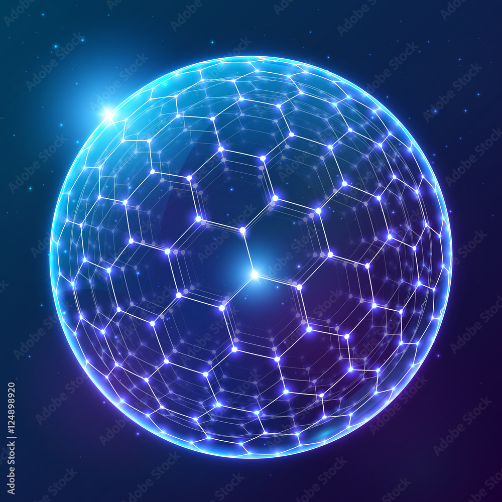 Blue vector shining sphere with hexagonal surface on dark cosmic background - obrazy, fototapety, plakaty 