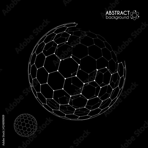 Vector hexagonal grid broken sphere planet model on black background