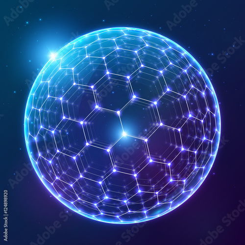 Blue vector shining sphere with hexagonal surface on dark cosmic background