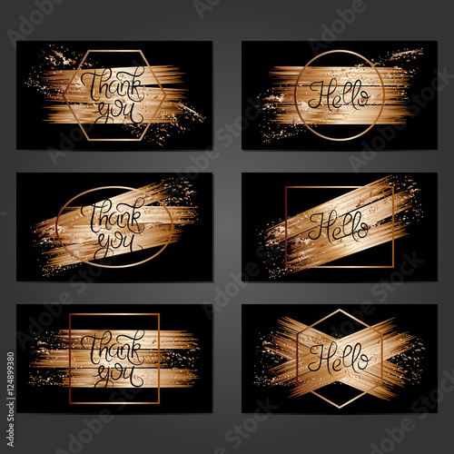 Collection of 6 vintage card templates with copper brushstrokes on black background.