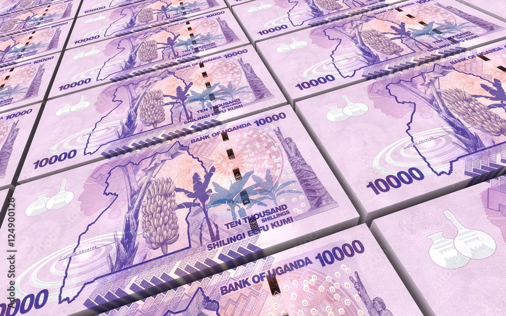 Ugandan shillings bills stacks background. 3D illustration.