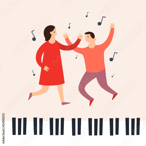 Dancing to the music of a man and a woman. Image of the piano keys  music.