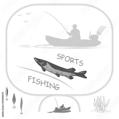Sport fishing and a healthy lifestyle
fish pike fisherman in a rubber boat. Spinning holds in his hands. Isolate on white background.
