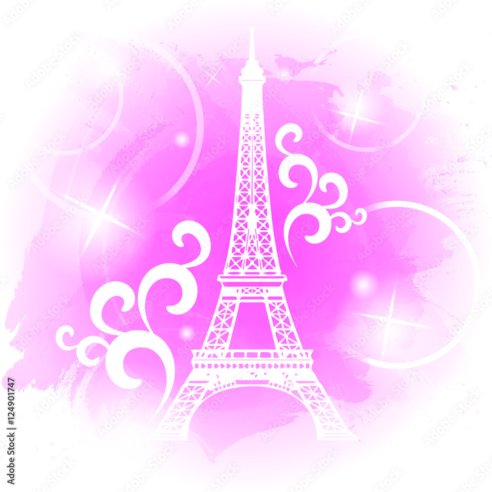Silhouette of Eiffel tower on the pink watercolor background