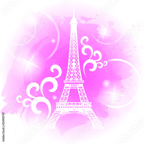 Fototapeta Naklejka Na Ścianę i Meble -  Silhouette of Eiffel tower on the pink watercolor background