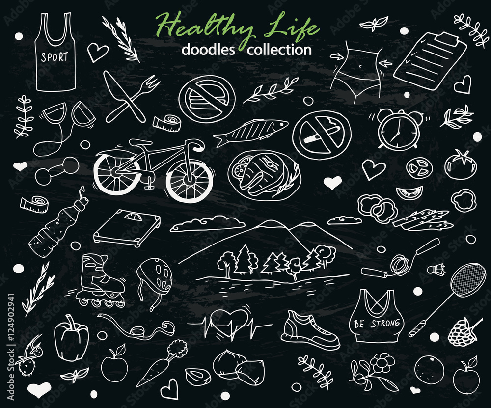 Hand-drawn collection of the healthy life doodles objects on the black background: bicycle, fruits and water, rollers, food, weight, nature and fresh air etc. Line art icons.