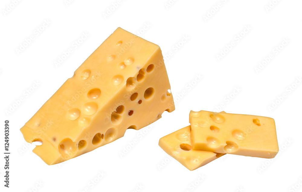 Piece and slices of cheese isolated on white background