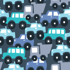 Acrylglasbilder Automuster Farbenfrohes Cartoon Autos Vektormuster Kinder  © Larienn