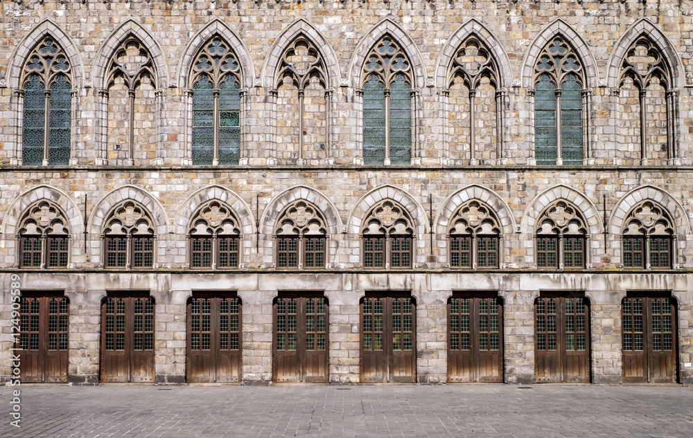 Exterior facade of the medieval Cloth Hall in Ypres (Ieper), Belgium, which was reconstructed between 1933 and 1967 following destruction in the World War I conflict