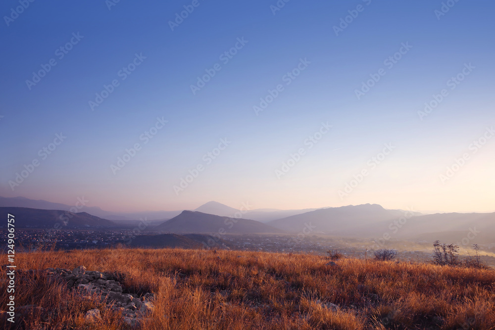  Landscape of ridge mountains, sky sunset, sunrise, nature backg