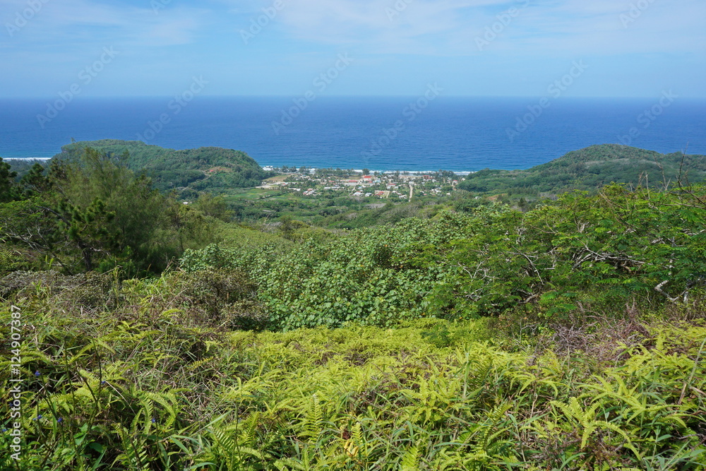 Viewpoint from the heights of the island of Rurutu with the coastal village of Auti, south Pacific ocean, Austral archipelago, French Polynesia

