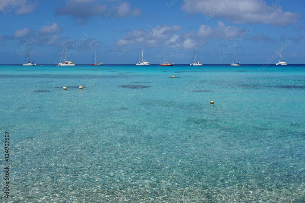 Seascape of a tropical lagoon with turquoise water and boats anchored, south Pacific ocean, atoll of Rangiroa, Tuamotu archipelago, French Polynesia
Seascape of a tropical lagoon with turquoise water and boats anchored, south Pacific ocean, atoll of Rangiroa, Tuamotu archipelago, French Polynesia