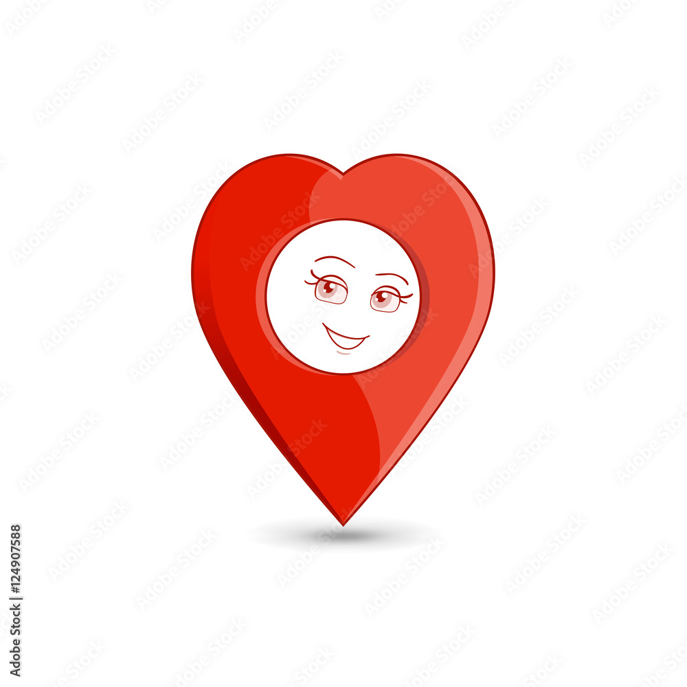Search and find love. Heart shaped map pointer with cartoon face. Vector illustration. Concept of passion, amour, dating. Can be used as icon for online dating service or for Valentines Day design.