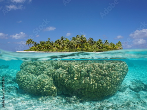 Tropical island above and underwater with coral below sea surface, atoll of Tikehau, Tuamotu archipelago, French Polynesia, Pacific ocean 