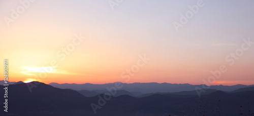 Sunset. Landscape of ridge mountains, sky sunrise, nature backgr