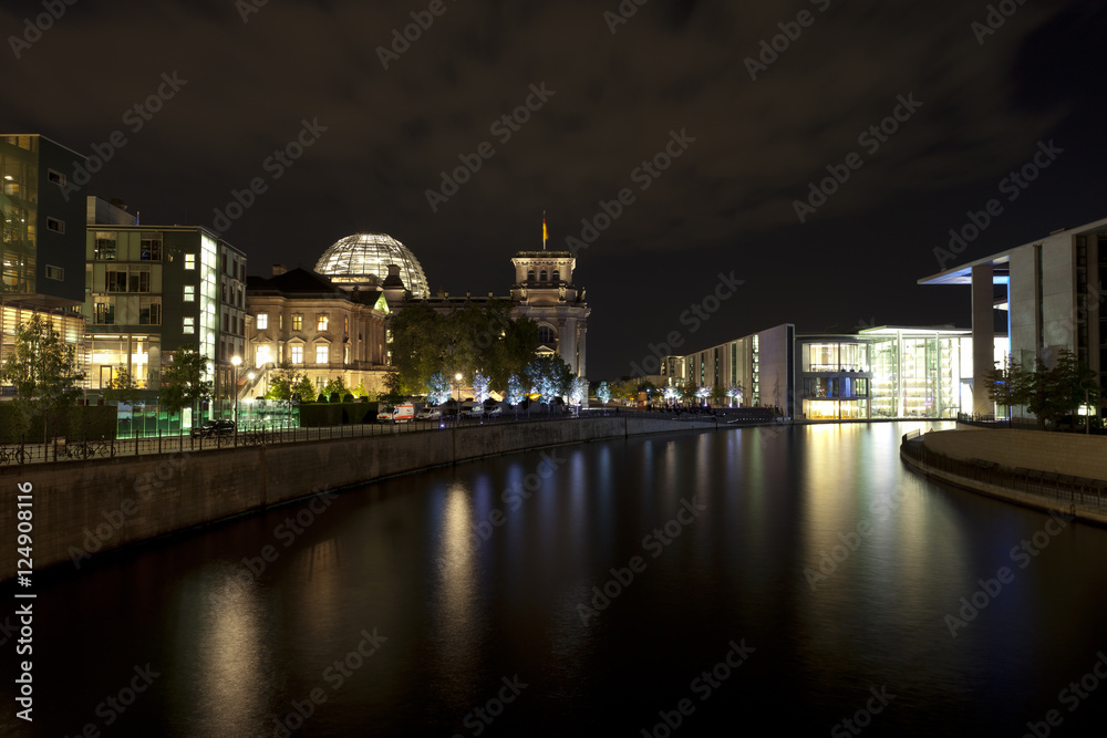german government district panorama shot with the parliament building bundestag at night
