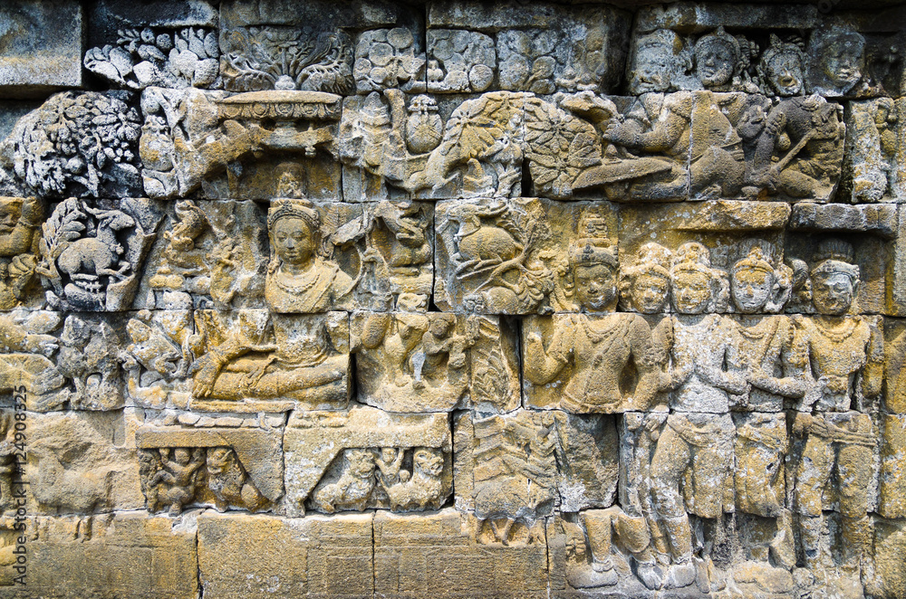 Stone bas-relief on the wall of Borobudur Stone bas-relief on the wall of Borobudur